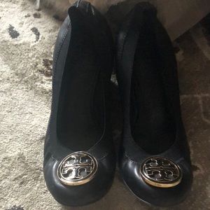 Tory Burch Black Leather Wedges size 7